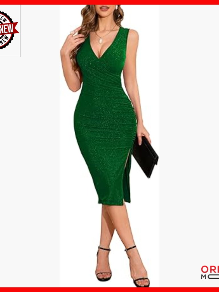 Sexy V Neck Sleeveless Side Slit Ruched Bodycon Faux Wrap Midi Dress